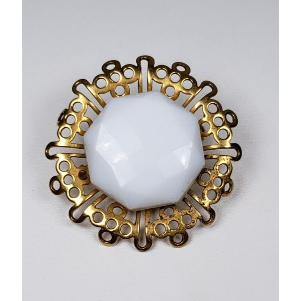 Vintage 1960's Signed Freirich White Cabochon Filigree Brooch Pin